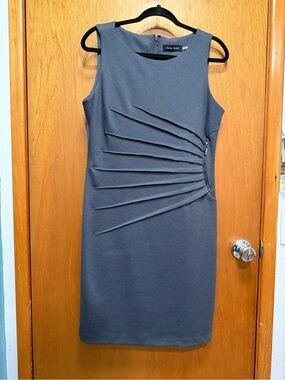 Ivanka Trump Sleeveless Gray Midi Sheath Dress with Asymmetrical Folded Pleats